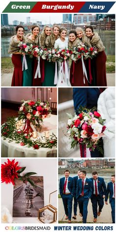 the bride and grooms are posing with their bouquets