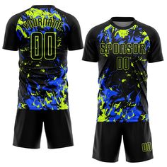 a black and blue soccer uniform with yellow paint splattered on the chest, shorts and t - shirt