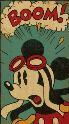 a mickey mouse painting with the word boom on it's face and an image of minnie