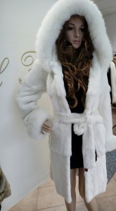 Hooded Winter White Fur Coat For Cold Weather, Winter White Hooded Fur Coat For Cold Weather, White Hooded Outerwear, Hooded White Outerwear For Fall, White Hooded Outerwear For Fall, White Long Sleeve Fur Coat For Spring, White Long Sleeve Spring Fur Coat, White Fur Coat For Winter, White Hooded Fur Coat For Winter