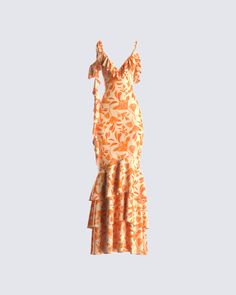 Summer-time fine ☀️ Whether you're sippin’ cocktails with the girls, or taking on the town - this orange floral print midi dress will have you blooming brighter than anyone else. Complete with a tiered ruffle skirt, ruffle neckline, and asymmetric, adjustable ruffle straps for a look that is vibrantly elegant 🌼 White Corset Dress, Skirt Ruffle, Flower Print Dress, Floral Print Midi Dress, Orange Flower, Clothing Inspiration, Glam Dresses, Grace Kelly, Orange Dress