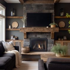 Please do not purchase a Mantel or shelves without first filling out the Quote Form and receiving a quote from us. Quote Form: https://form.jotform.com/240524957086059 Transform your fireplace into a focal point of rustic elegance with our Reclaimed Wood Beam Fireplace Mantels with Matching Shelves collection. Crafted from exquisite reclaimed pine wood beams, each mantel radiates timeless charm and character, while the accompanying shelves offer both aesthetic appeal and practical functionality. Stone Fireplace Black Built Ins, Den With Brick Fireplace, Reclaimed Wood Fireplace Wall, Cubby Next To Fireplace, Fireplace Wall With Bookshelves, Dark Gray Stone Fireplace, Wood Burning Stove Fireplace Surround, Redoing A Fireplace, Reclaimed Wood Fireplace Surround