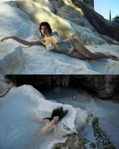 two pictures of a woman laying on top of a rock next to a pool of water