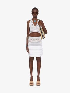 Top in crochet with 4G detail in - white | Givenchy US Chic White Crochet Top For Summer, Elegant White Tank Top For Beach, Chic Crochet Halter Neck Top For Vacation, Chic Fitted White Crochet Top, Elegant White Crochet Top For Summer, White Fitted Halter Top With Crochet Trim, Chic Sleeveless Crochet Top, Elegant Sleeveless Crochet Top For Beach, Chic White Sleeveless Crochet Top