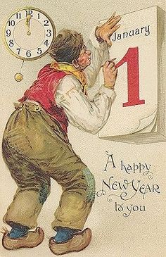 a happy new year card with a man pointing to a calendar on the wall and a clock in the background