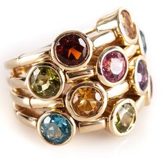 14k Yellow Gold Tourmaline Garnet Citrine Peridot Amethyst Topaz Ring 5.67ctwMetal Information: 14k Yellow GoldTotal Weight: 18.6gBand Width: 5.9mmSize: 6Designer: Sonia BStone InformationMain StoneGem Type: TourmalineShape: Round (5.0mm)Color: PinkClarity/Quality: AA - ACarat Weight: .55ctNumber of Stones: 2Accent StonesGem Type: GarnetShape: Round (5.0mm)Color: RedClarity/Quality: AA - ACarat Weight: .65ctNumber of Stones: 1Accent StonesGem Type: CitrineShape: Round (5.0mm)Color: YellowClarity/Quality: AA - ACarat Weight: .58ctNumber of Stones: 2Accent StonesGem Type: PeridotShape: Round (5.0mm)Color: GreenClarity/Quality: AA - ACarat Weight: .54ctNumber of Stones: 2Accent StonesGem Type: AmethystShape: Round (5.0mm)Color: PurpleClarity/Quality: AA - ACarat Weight: .48ctNumber of Stones: Multi-stone Tourmaline Gemstones, Multicolor Amethyst Ring Fine Jewelry, Multicolor 14k Gold Gemstones, Modern Multicolored Multi-stone Gemstones, Topaz Ring, Citrine, Tourmaline, Garnet, Topaz