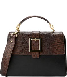 From the Tuscan Collection by BRAHMIN&#x2C; the Black Hallie Satchel Bag features:LeatherFlap magnet closureFlat handleGold-tone hardwareShoulder strap back slide-in pocketDouble kangaroo pocketsInterior zip pocket and key clipApprox.: 11.75'' W x 9'' H x 4'' DImported.Due to the nature of the materials used&#x2C; each Brahmin product is one-of-a-kind. Variances in the pattern and texture of your bag m Handbag Care, Black Chevron, Wallet Accessories, Satchel Bag, Dillard's, New Handbags, Leather Cover, Leather Satchel, Satchel Bags