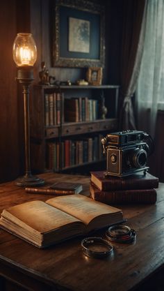 Cozy reading nook featuring a photo fantasy book on the table in warm room with vintage camera and antique decor. Reading Vibes, Fantasy Book, Book Of The Month, Cozy Atmosphere, Photography Projects, Fantasy Books, Amazon Books, Pharmacy Gifts, The Table