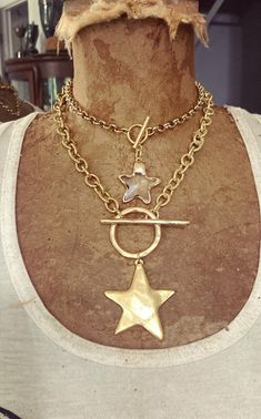 ✨🌟 my Big Dipper and little DiPPers star necklaces.  Fun bold statements ✨ the small gold soldered crystal star on petite gold rolo chain.  silver and gold bold solid star with large toggle on chunky chain.  ✨make your choice of style and length below   also shown here are my big ole' heart necklaces available here: https://www.etsy.com/listing/1786995503/heart-pendant-necklace-big-heart-pendant?click_key=fcb6ac8c7e56fd612566bf1ab5f341a9e6f5b52e%3A1786995503&click_sum=d60d7937&ga_search_query=b Chunky Star Necklace, Big Necklaces, Chunky Gold Necklace, Big Pendant Necklace, Star Necklaces, Chunky Gold Necklaces, Big Dipper, Bold Statements, Heart Necklaces