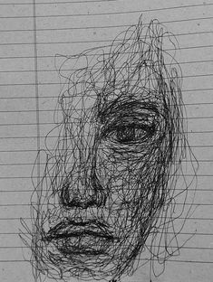 a black and white drawing of a person's face on lined notebook paper with lines