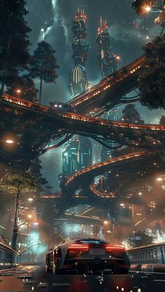 a futuristic city at night with cars driving on the road