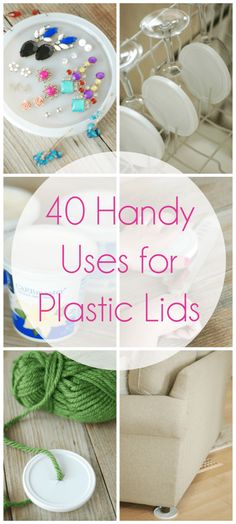 several photos with the words 40 handy uses for plastic lids on them and in front of it