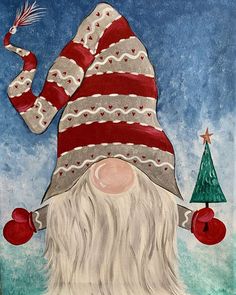 a painting of a gnome wearing a red and white striped hat with christmas decorations around his neck