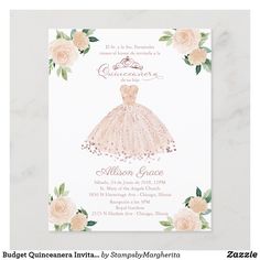 a pink dress and flowers are on the front of this princess birthday party invitations card