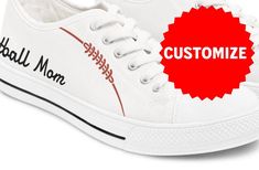 a pair of white tennis shoes with the words customize on them and an image of a woman's shoe