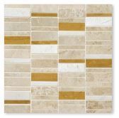 a white and gold tile wall with different colored strips on it's side,