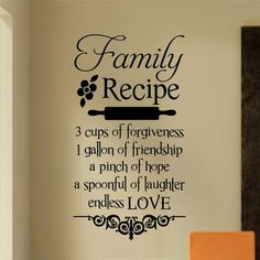 a kitchen wall decal with the words family recipe written in black and white on it