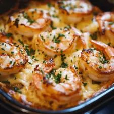 a casserole dish with shrimp and cheese on the top is ready to be eaten