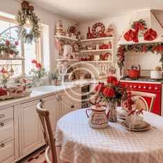 a kitchen decorated for christmas with red and white decor