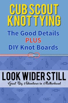 the good details plus diy knot board is shown in blue and white with yellow lettering