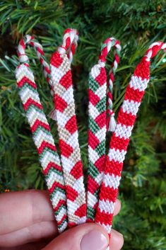 three candy canes are in the palm of a person's hand next to a christmas tree