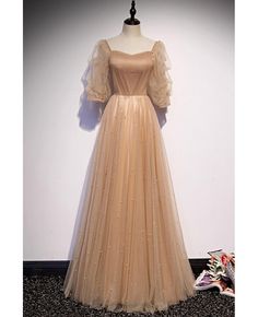 Get 10% off now! Buy elegant half sleeved champagne aline prom dress with beadings at cheap price online. Free stable shipping and pro custom service since 2009. Gaun Tulle, Flowy Prom Dresses, A Line Prom Dress, Prom Dress Evening, A Line Evening Dress, Evening Dress Floor Length, A Line Prom Dresses, Long A, Prom Dresses With Sleeves