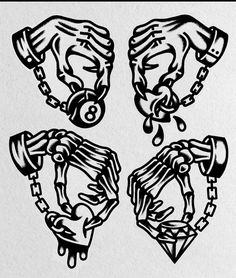 three hands holding chains and dripping water from their palms to the other hand, in black ink on white paper