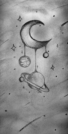 a drawing of the moon and planets with stars in the sky above it, as if they were drawn on paper