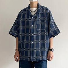 Wiaofellas - Cross Pattern Cuban Collar Japan fashion Shirts Summer Loose Cotton Half Sleeve Shirt Men 3200 Navy Summer Top With Collar, Blue Short Sleeve Shirt With Casual Collar For Spring, Casual Navy Summer Shirt, Navy Cotton Shirt With Casual Collar, Navy Casual Button-up Tops, Casual Navy Collared Short Sleeve Shirt, Casual Navy Short Sleeve Shirt For Summer, Casual Blue Half Sleeve Shirt, Plaid Tops With Pockets And Casual Collar