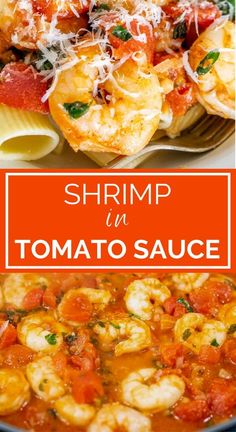 shrimp in tomato sauce with text overlay that reads shrimp in tomato sauce on top