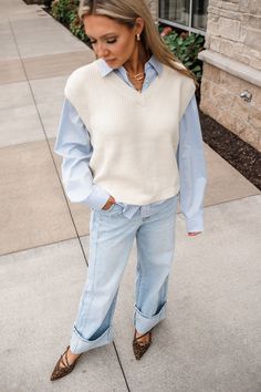 Getting ready for work just got EASY. Our Tay Twofer Sweater Vest Shirt is all one piece and lays perfectly without bunching. Pair with a trouser for a chic and simple office look. True to size. Ariel is 5'5" and is wearing a small. How To Style Blue Sweater Vest, Sweater Vest With White Tee, White Shirt Outfit Work, Blue Fitted Sweater Vest For Summer, Blue Cotton Sweater Vest With Crew Neck, Trendy Blue Crew Neck Sweater Vest, White Sweater Vest Outfit, White Sweater Vest, Twofer Sweater