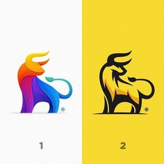 two logos with different colors and shapes on the same side, one has an elephant's head