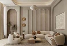 an elegant living room with white furniture and beige walls, along with large round windows