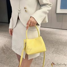 Bird in Bag - Yellow PU Leather Large Capacity Magnetic Closure Tote Bag, Perfect for Womens Daily Use and Dating Chic Portable Office Bag, Chic Office Bags, Trendy Bucket Satchel For Office, Chic Office Box Bag, Chic Solid Portable Bag, Chic Portable Solid Color Bags, Chic Solid Color Portable Bag, Trendy Bucket Box Bag For Office, Trendy Bucket Shaped Box Bag For Office