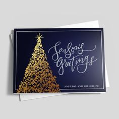 a christmas card with a gold tree on it and the words, holiday greetings