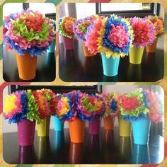 four different pictures of colorful flowers in vases