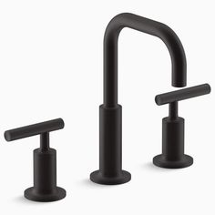 two black faucets with handles on each side and one in the middle, against a white background