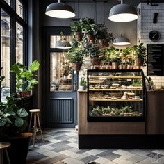 Bakery , Interior design , Plants , calm Moody Bakery Interior, Olive Green Cafe Interior, Cafe With Plants Interiors, Bakery With Plants, Plant Cafe Interior, Moody Bakery, Plant Bakery, Coffee Shop With Plants, Bakery Ideas Interior