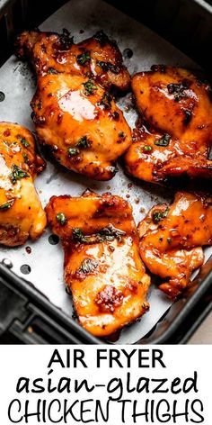 These Asian Glazed Air Fryer Chicken Thighs are tender on the inside and slightly crispy on the outside. They’re smothered with a sweet Asian glaze and then topped with crunchy sesame seeds and green onions. It’s the perfect quick and easy Asian chicken thigh recipe! #airfryer #chickenthighs Asian Glaze, Easy Asian Chicken, Glazed Chicken Thighs, Air Fryer Recipes Chicken Thighs, Chicken Thigh Recipe, Air Fryer Chicken Thighs, Chicken Thigh Recipes Oven, Chicken Thigh Recipes Crockpot