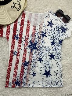 Peilia - Flag Print V-Neck T-Shirt: Versatile Casual Short Sleeve Tee for the Spring & Summer Season, Exclusive Womens Apparel Multicolor American Flag Print Tops For Summer, V-neck Graphic Print T-shirt For Vacation, White V-neck Top With Sublimation Print, White V-neck T-shirt For Summer, Casual American Flag Print Top For Vacation, Multicolor V-neck T-shirt For Vacation, Cotton V-neck Top With American Flag Print, White Printed V-neck T-shirt, White Tops With American Flag Print For Beach