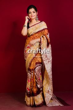 Presenting an exclusive Hand Batik Silk Saree with running blouse piece from Santiniketan, Birbhum. The authentic wax batik saree is beautifully handcrafted by our skilled artisans. We use the best quality pure Murshidabad silk fabric, so that the saree gets vibrant look with longevity and you feel the comfort of this pure silk saree. It's a light weight pure Murshidabad silk saree. The beautiful piece is not batik print saree, but original hand painted silk batik saree. Saree Length : 5.5 mtr BP Length : 1 mtr approx Weight : 350 gm approx The fabric is premium quality Murshidabad Silk with Silk Mark Certificate (tag). Dry Clean recommended. -------------------------------- We regularly upload new premium products for you. So, kindly visit our shop: https://www.etsy.com/shop/CraftyleIndia Bohemian Batik Print Saree, Festival Cotton Silk Saree With Batik Print, Cotton Silk Saree With Batik Print For Festivals, Bohemian Tussar Silk Saree With Batik Print, Silk Batik Saree, Batik Print Saree, Batik Saree, Hand Painted Sarees, Hand Wax