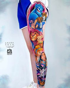 this is an image of a woman's leg with disney characters on it