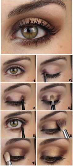 maquiagem dourada passo passo Doe Eyes Make Up, Nude Smokey Eye, Eye Makeup Glitter, Brown Eye Makeup Tutorial, Makeup History, Lip Tips, Hazel Eye Makeup