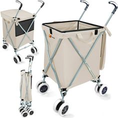 three different types of carts with wheels and handles on each side, one has a canvas bag in the middle