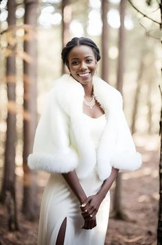 a woman standing in the woods wearing a white dress and fur shawl with her hands on her hips