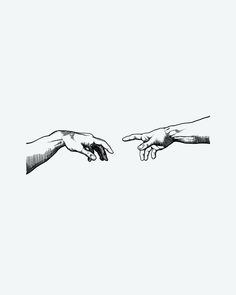 two hands reaching towards each other with one pointing at the other's hand in black and white