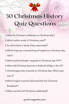 a pink christmas quiz with presents on it and the words 30 christmas history quiz questions