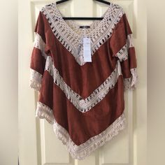 - Brand New With Tags! - Crochet And Suede-Look Detailing, Wide Neck, V Shaped Hem - Perfect For The Boho, Western, Cowgirl, Festival Aesthetics! Fall Crochet V-neck Top With Crochet Trim, Cream V-neck Top With Crochet Trim, Beige Crochet Top For Fall Vacation, Fall V-neck Crochet Top With Crochet Trim, V-neck Crochet Top With Crochet Trim For Fall, Bohemian Crochet Lace Blouse For Fall, Fall Bohemian Crochet Lace Blouse, Cream Lace Top With Crochet Trim For Beach, Beige Crochet Trim Blouse For Beach