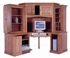 a computer desk with an open bookcase on the top and bottom, in front of a white background