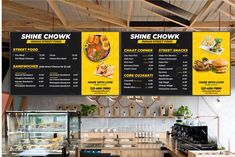 the menu for shine chowk is hanging from the ceiling in front of the counter